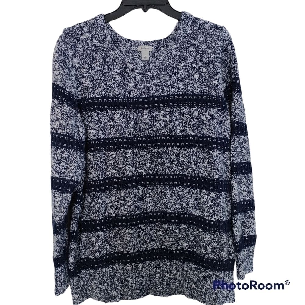 L.L. Bean Navy and White Cotton Crew Neck Sweater Plus Size 1X